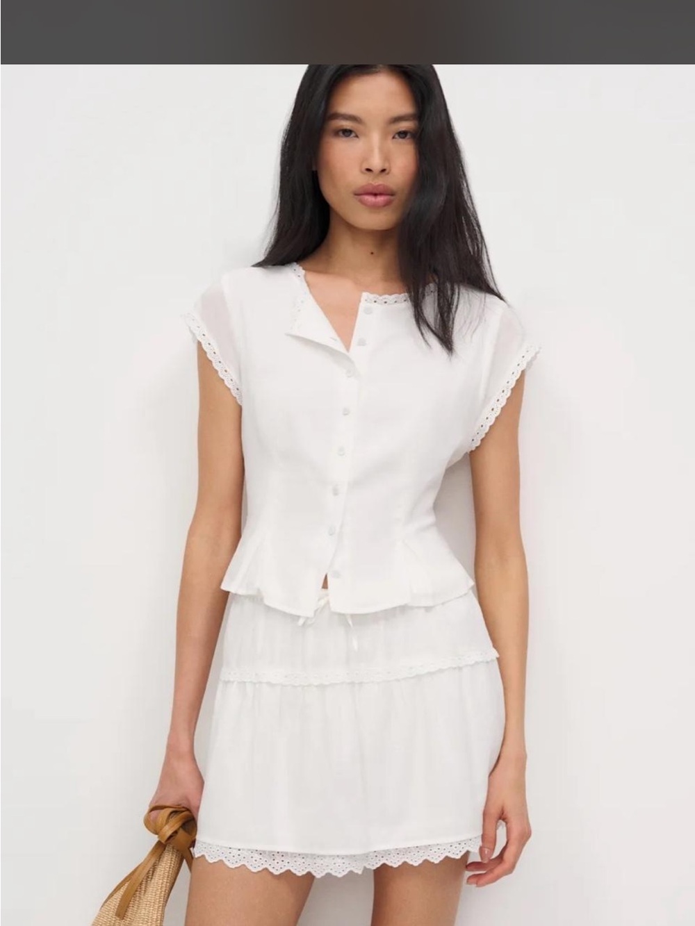 White Reformation Valetta Eyelet Trim Button-Front Top & Skirt Matching Set